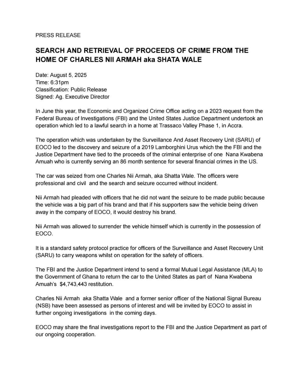 EOCO Press Statement On Shatta Wale 